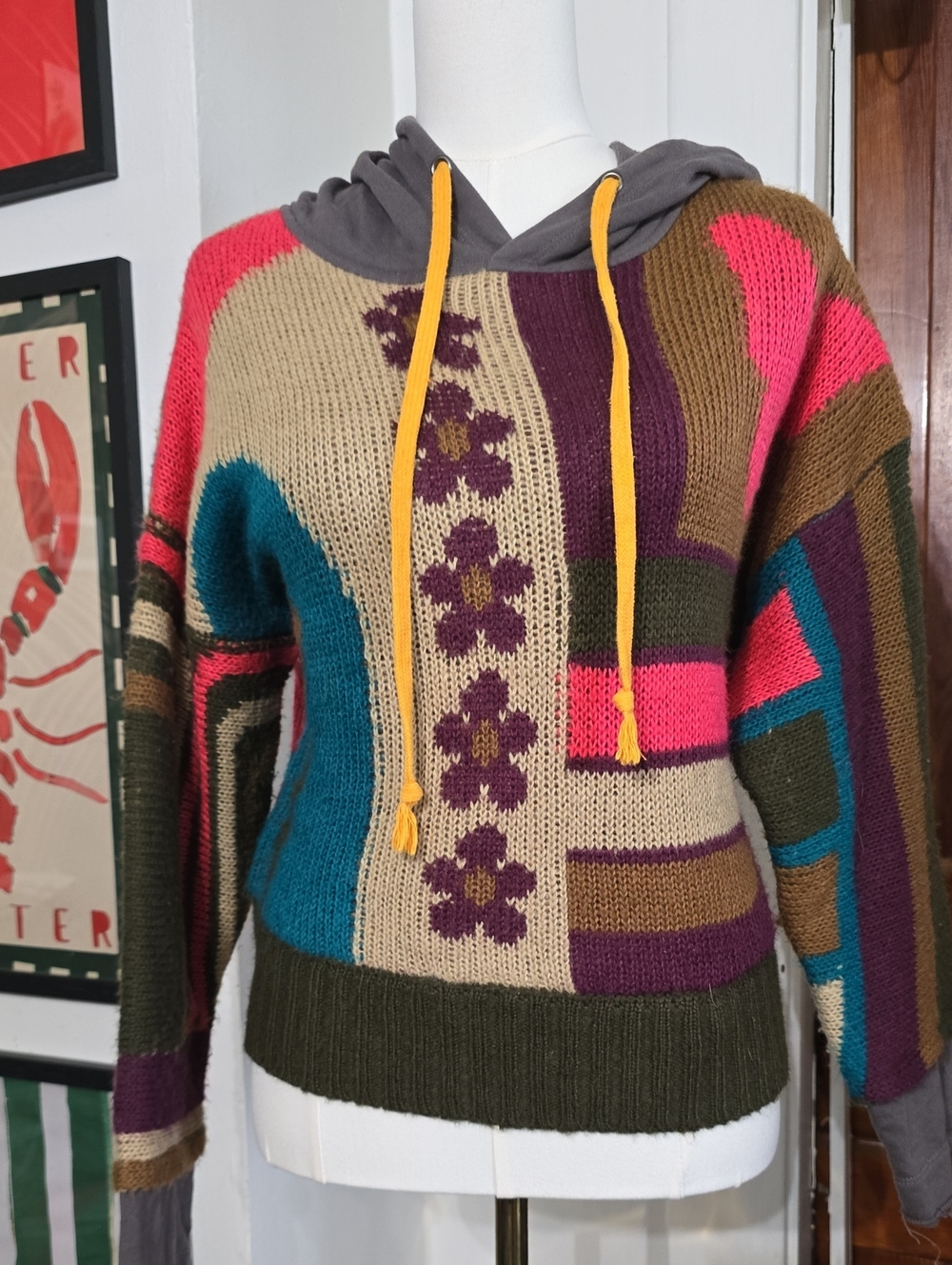 NATURAL LIFE Multicolor Patchwork Cowl Hoodie Sweater with Yellow Drawstrings